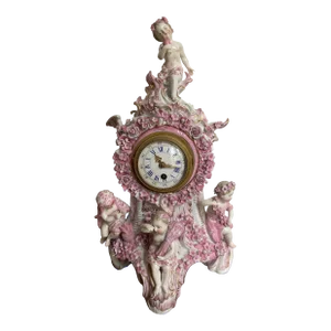 19th Century French Louis XVI Style Porcelain Cherub Pink Mantel CLock