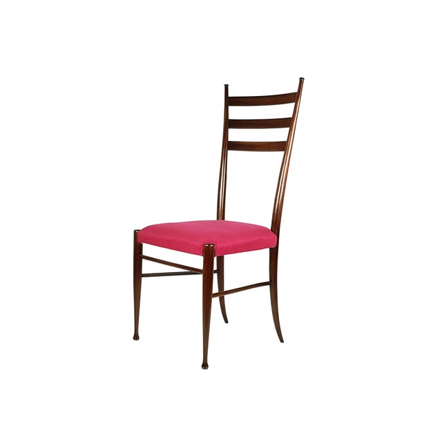 High back dining chairs with magenta fabric seats. The chairs have been restored and reupholstered. I have official proof...