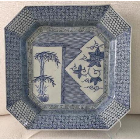Asian Antique Antique - Edo Period - Blue & White Octagonal Plate With Bamboo & Floral Motif For Sale - Image 3 of 12