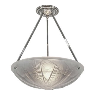French Art Deco Pendant Light by Muller Freres - 1930s Geometric Butterfly Glass & Nickel For Sale