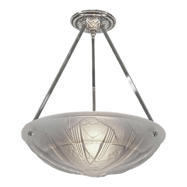 French Art Deco Pendant Light by Muller Freres - 1930s Geometric Butterfly Glass & Nickel For Sale