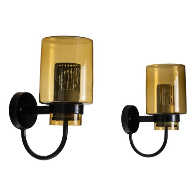 Black Metal Wall Lamps with Yellow Shades and Inner Diffuser, 1960s, Set of 2 For Sale