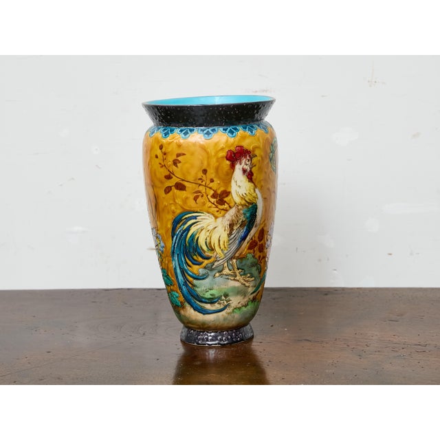 Ceramic French Majolica Vase With Rooster, Irises, and Butterfly, Circa 1900 For Sale - Image 7 of 9