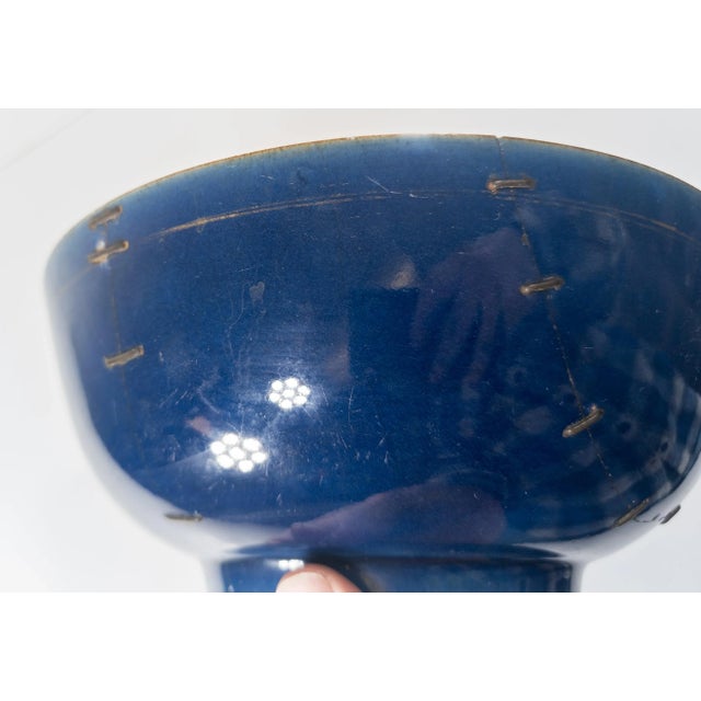 18th Century or Earlier Chinese Ming or Qing Dynasty Blue Glazed Bowl With Staple Repairs For Sale - Image 10 of 12