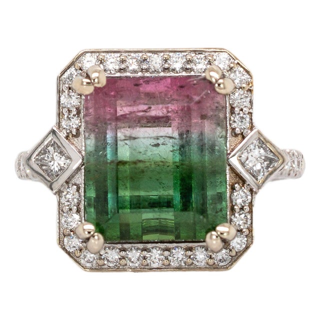 5.37Ct Watermelon Tourmaline Ring With Natural Diamonds in Solid 14k Gold, Size 6.75 For Sale