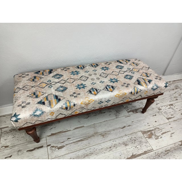 Beige Handmade Tan Rug Print Fabric Upholstered Bench For Sale - Image 8 of 11