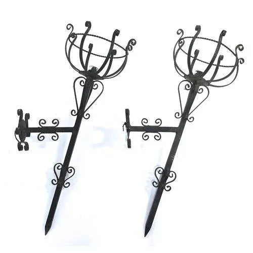 Pair of vintage black forged iron Gothic sconces. No maker's marks. Electrified.
