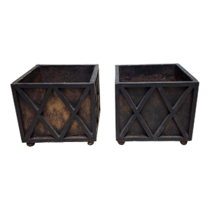 Pair of Early 20th Century Square Cast Iron Planters Jardinieres