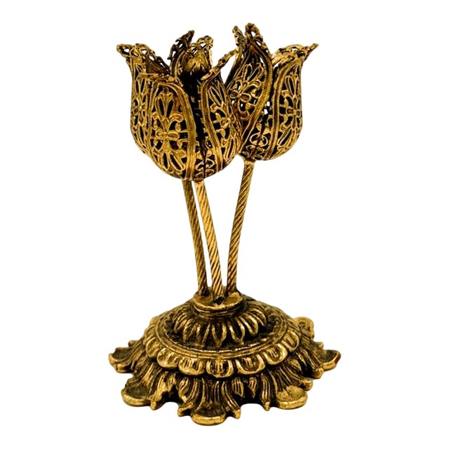 Vintage Gold Filigree Tulip Flower Lipstick Holder Vanity Accessory & Storage For Sale