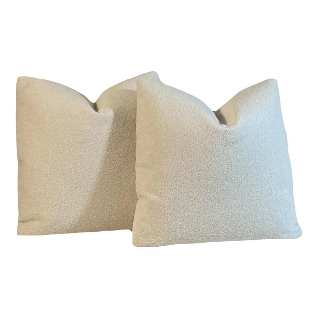 Ivory Teddy Boucle Feather/Down Pillows- A Pair 22”/22” For Sale