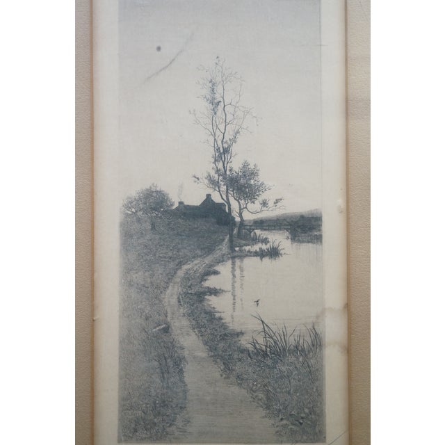 Antique Alfred J Haller Farmhouse Cottage Village Bridge Landscape Etching 22" For Sale - Image 4 of 12