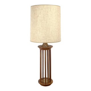 Vintage Mid-Century Walnut Dowel Table Lamp With Linen Drum Shade For Sale