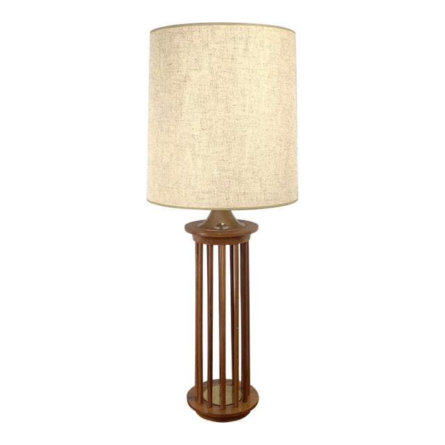 Vintage Mid-Century Walnut Dowel Table Lamp With Linen Drum Shade For Sale