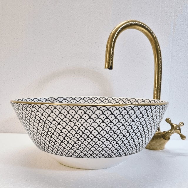 Contemporary White Pottery Sink Bowl 14k Gold Rim For Sale - Image 4 of 8