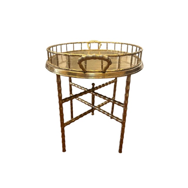 Maison Baguès Vintage Brass Faux Bamboo Oval Tray / Drinks / Side / Accent Table With Folding Stand, in the Manner of Maison Baguès For Sale - Image 4 of 10