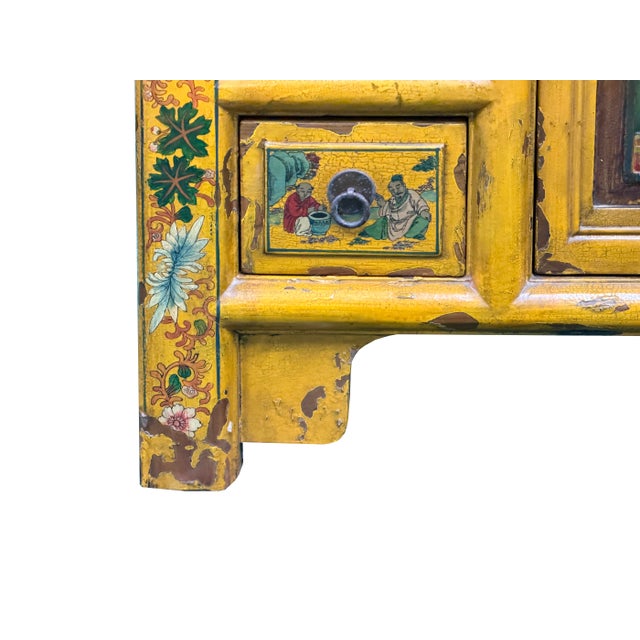 Vintage Chinese Yellow Lacquered Wood Credenza Sideboard Carved Scenic Panels For Sale - Image 14 of 18