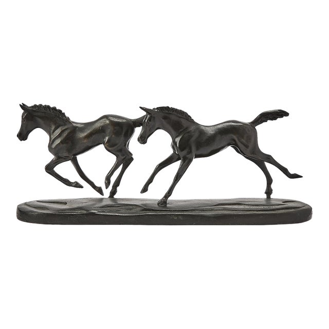 Patinated Bronze Sculpture of Two Running Horses For Sale