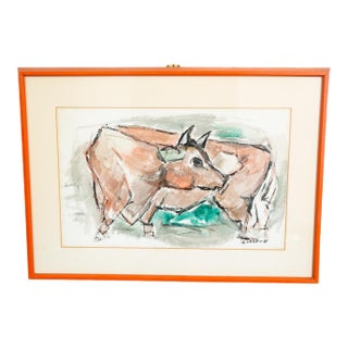 Mid Century Modern Watercolor George Constant Bull Signed Painting Original For Sale