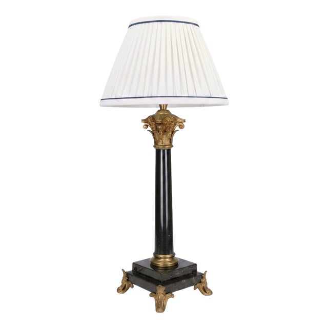 Antique 19th Century French Black Marble Column Table Lamp with Gilt Rococo, 1890 For Sale