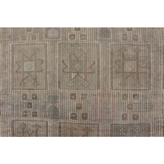 Vintage Turkish Embroidered Square Designed Kilim in Tan, Cream, and Light Green For Sale - Image 4 of 12