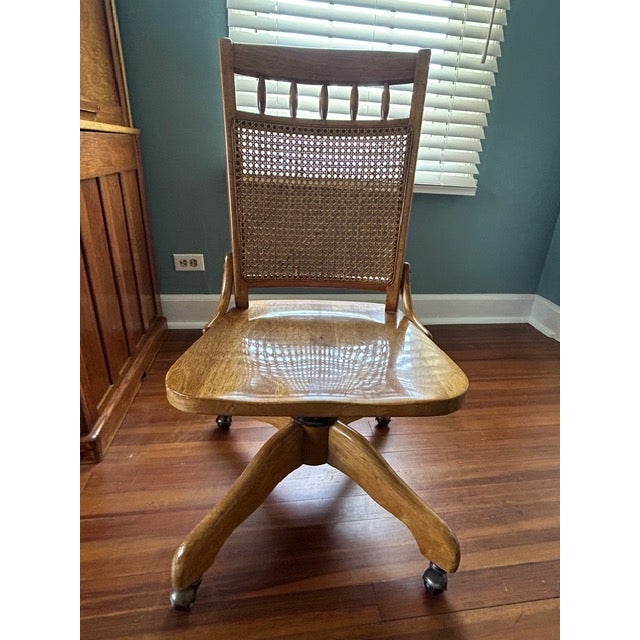 Rare Antique Oak S-Curve Roll Top Desk by Myrtle Desk With Vintage Pioneer Manufacturing Oak Desk Chair For Sale - Image 17 of 18