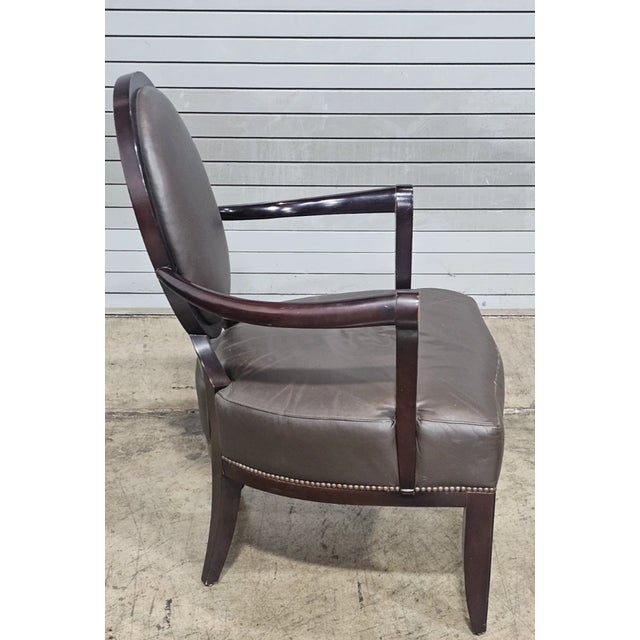 Wood Late 20th Century Oval X-Back Arm Chair Barbara Barry for Baker Furniture Brown Leather Fabric For Sale - Image 7 of 10