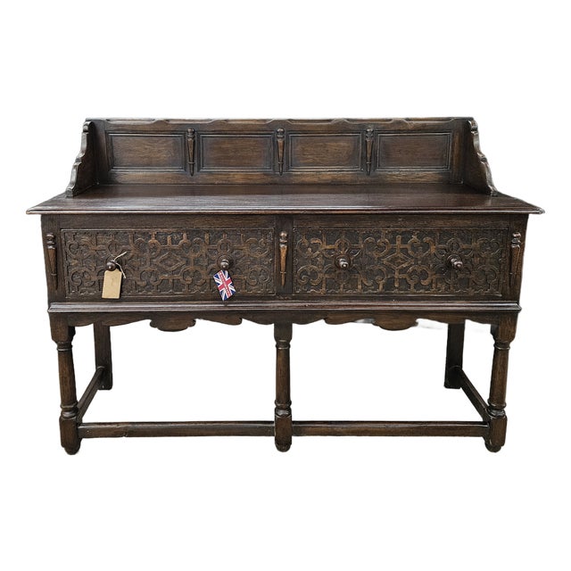 Mid 19th Century Jacobean Oak 2 Drawer Sideboard With Turned Legs and Stretcher Base For Sale