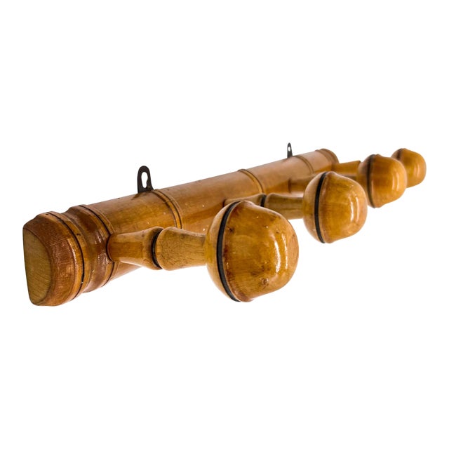 1950's French Wood Faux Bamboo 4 Peg Wall Hanging Coat/ Hat Rack For Sale