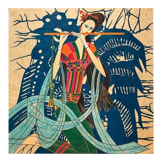 Asian-Inspired Art Deco Woman Playing Flute – Colorful Decorative Art – 16” X 16” For Sale