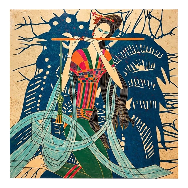 Asian-Inspired Art Deco Woman Playing Flute – Colorful Decorative Art – 16” X 16” For Sale