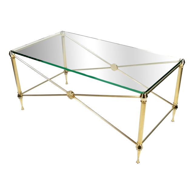 French Hollywood Regency Coffee Table in Brass-Plated Metal with Glass Top in the style of Maison Jansen, 1960s For Sale