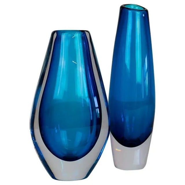 Mid-Century Heavy Crystal Clear Blue Vases by Sven Palmqvist for Orrefors, Set of 2 For Sale - Image 11 of 11