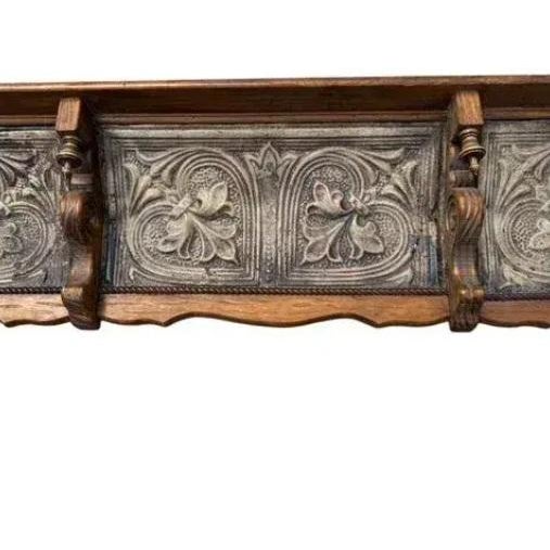 Pair of Vintage 79" Long/Wide Distressed Wood & Pressed Tin Architectural Wall Shelves For Sale - Image 4 of 15