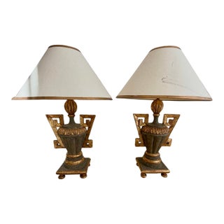 Vintage Hand-Carved Italian Parcel-Gilt Neoclassical Greek Key Urn Lamps With Original Parchment Shades - Pair For Sale