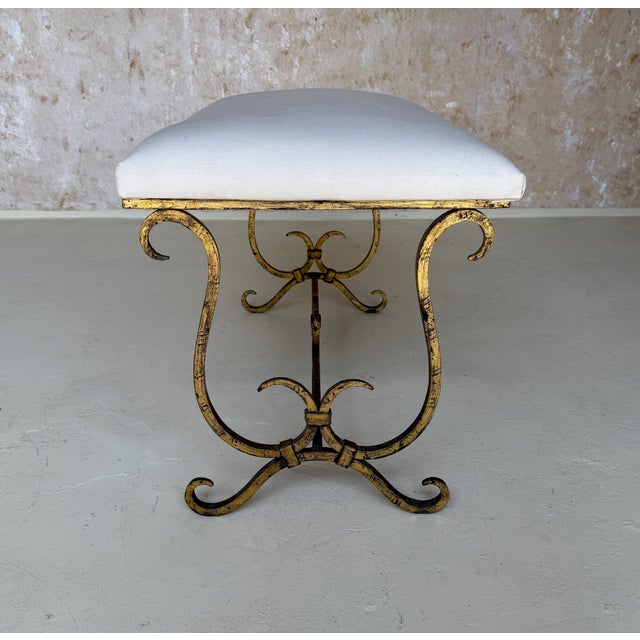 Vintage Mid Century Spanish Gilt Iron Bench With Ornate Base For Sale - Image 11 of 12