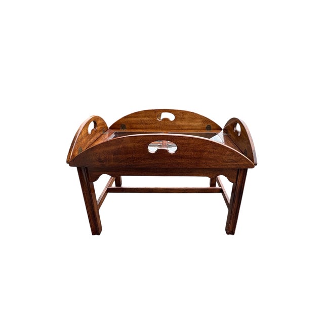 Traditional Late 20th Century Wooden Butler's Tray Table With Glass Inset Panels For Sale - Image 3 of 18