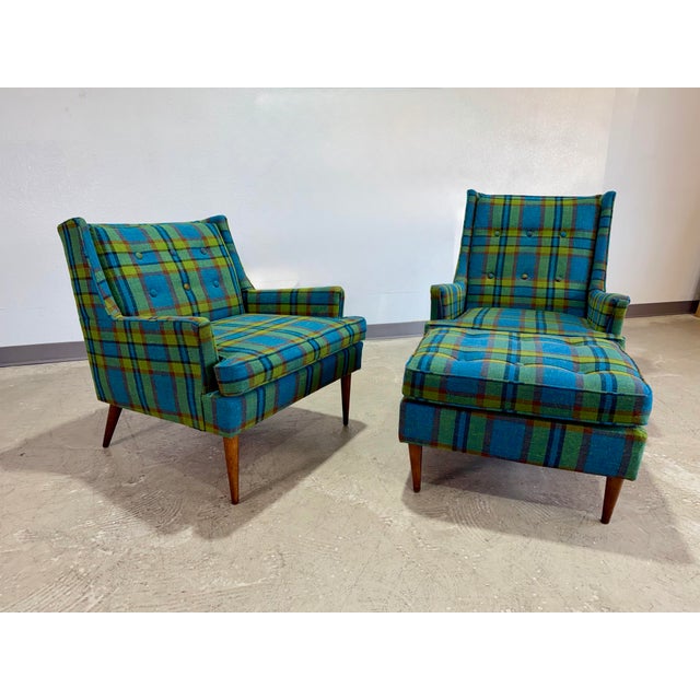 Mid-Century Modern 1950s 3pc Mid Century Modern Plaid Lounge Chair and Ottoman Set For Sale - Image 3 of 10