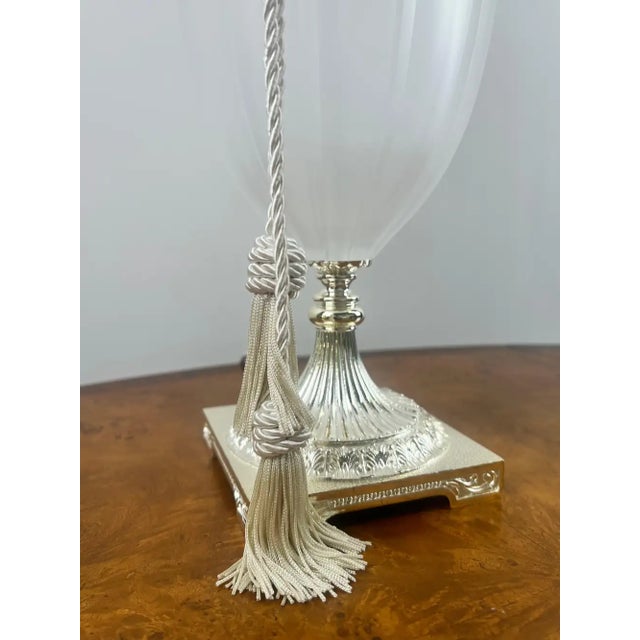 Vintage Neoclassical Style Frosted Glass Urn Table Lamps, Silver Base, a Pair For Sale - Image 13 of 13