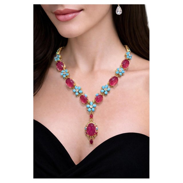 Bochic “Capri” Vintage Ruby & Turquoise Flower Necklace - 18K & Silver For Sale - Image 4 of 9