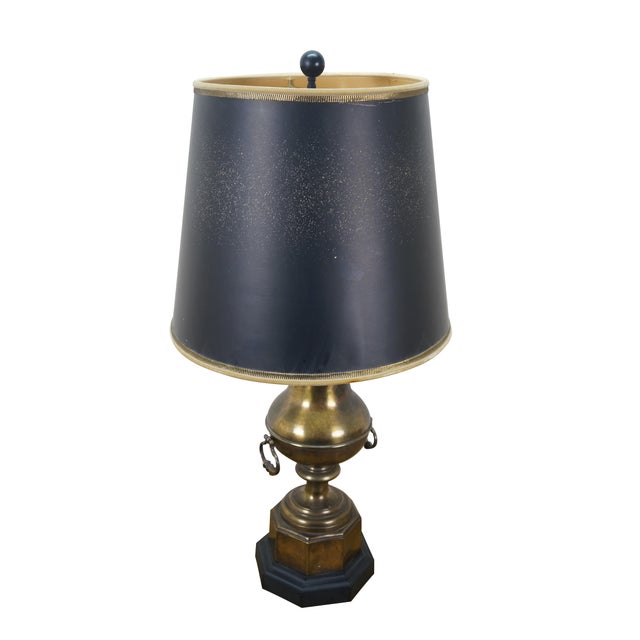 Traditional Mid 20th Century Empire Brass Mantel Trophy Urn Table Lamp Black Shade 31" For Sale - Image 3 of 14