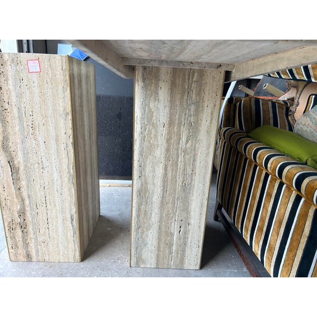 Pair of Italian Modern Travertine and Brass Console Tables For Sale - Image 10 of 12