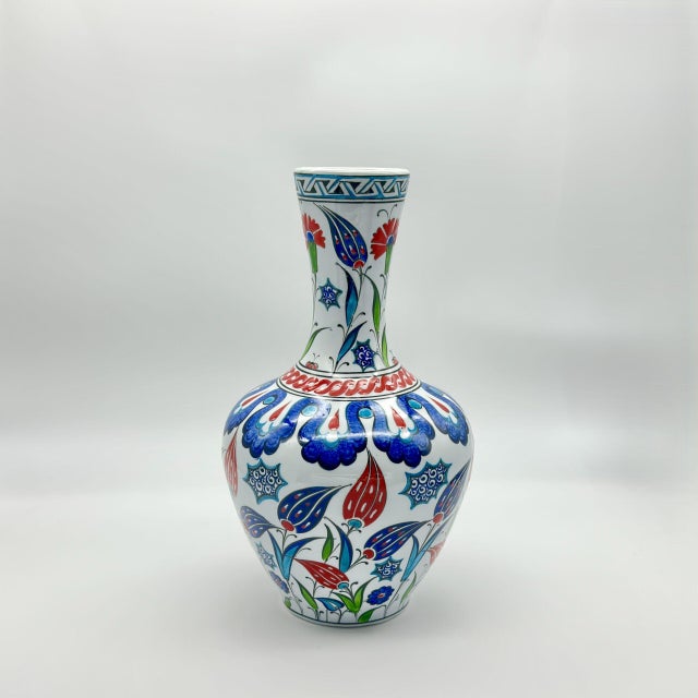 White Handmade Ceramic Iznik Bottle Vase with Lid Red Tulip and Geometric Pattern For Sale - Image 8 of 9