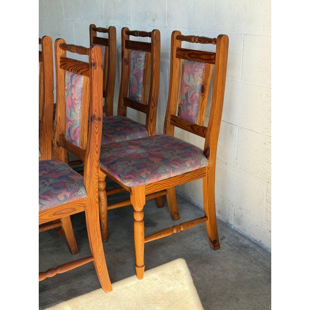 Solid Pine High-Back Upholstered Dining Chairs Set of 6 Vintage 1980s For Sale In Los Angeles - Image 6 of 10