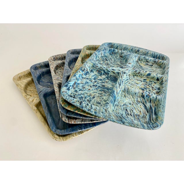 Blue Melamine Spin-Art Divided Trays - Set of 6 For Sale - Image 8 of 10