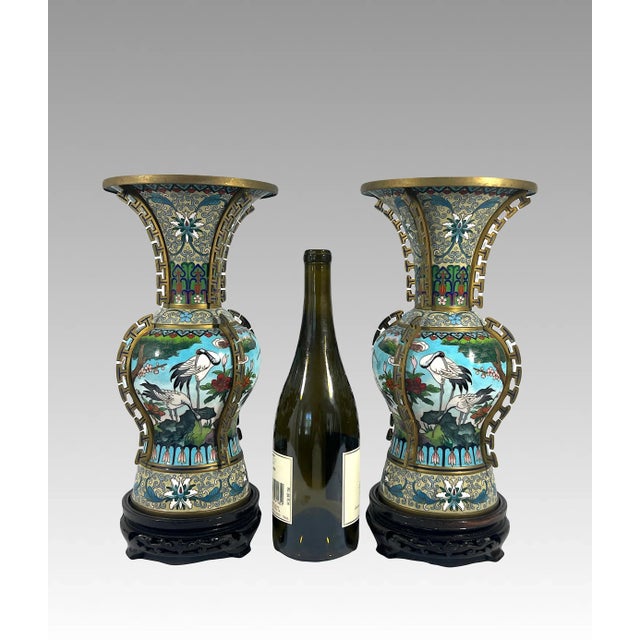 Chinese Jingfa Blue & Gold 'Dragon Back' Cloisonne Beaker Form Vases With Auspicious Cranes & Lotus - A Pair on Wood Stands For Sale - Image 11 of 12