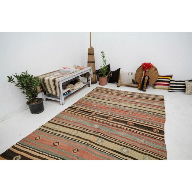 Vintage Striped Wool Turkish Kilim Rug-5′ × 10′6″ For Sale In Los Angeles - Image 6 of 7