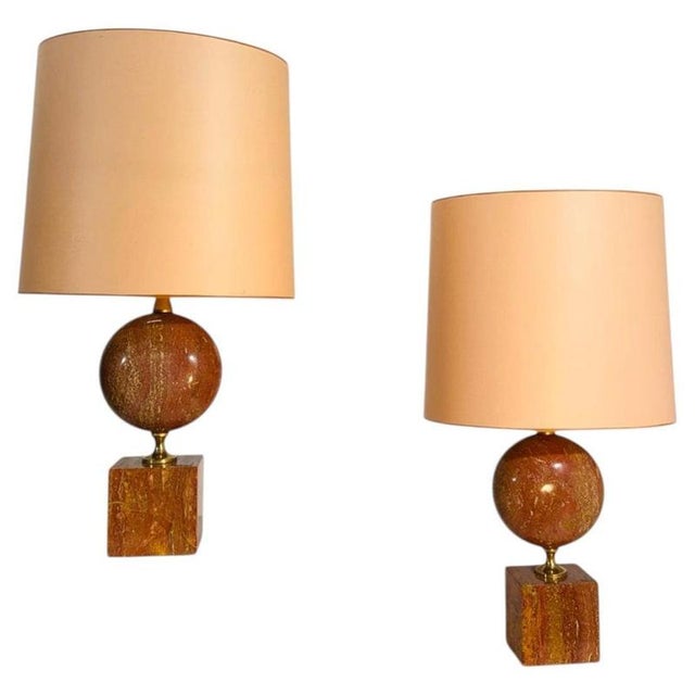 Red Travertine and Brass Lamps from Philippe Barbier, 1970s, Set of 2 For Sale - Image 13 of 13