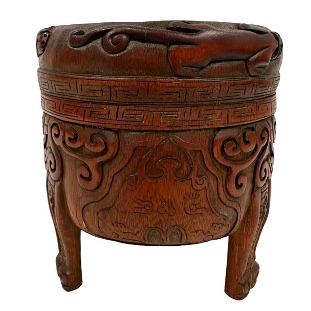 Finely Carved Old Chinese Bamboo Censer With Lid For Sale - Image 4 of 7