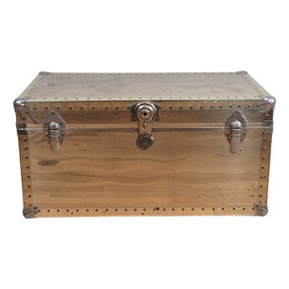 1960s Sarreid Style Patinated Distressed Brass Clad Trunk Chest Hollywood Regency For Sale