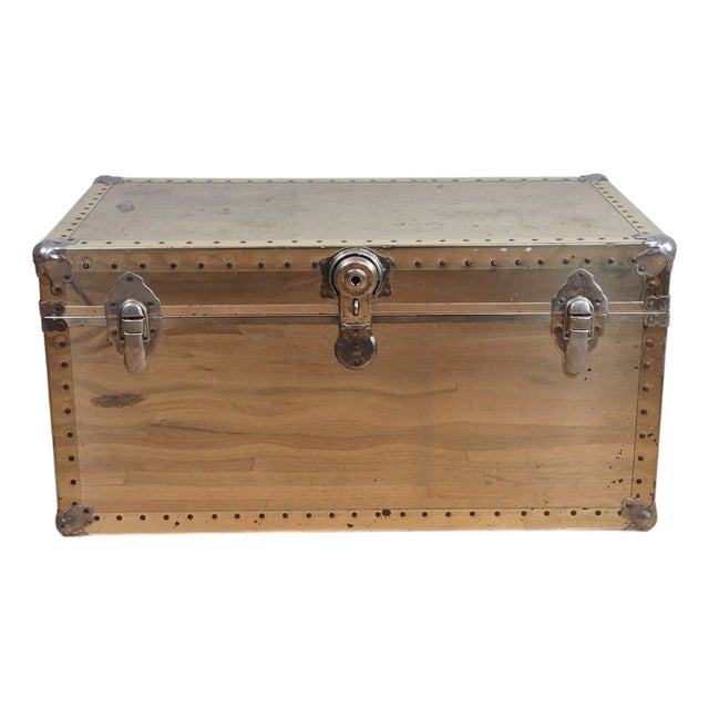 1960s Sarreid Style Patinated Distressed Brass Clad Trunk Chest Hollywood Regency For Sale